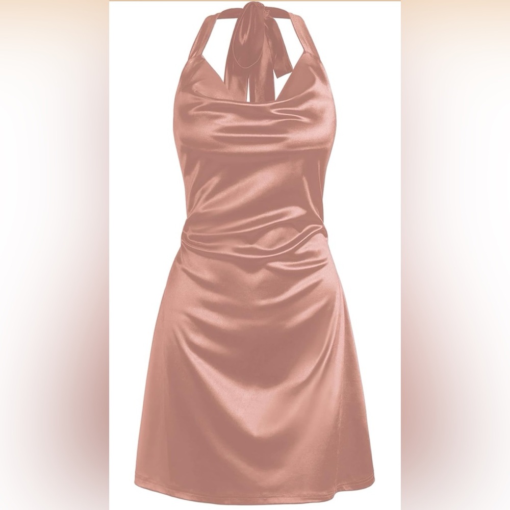 Satin Halter Neck Dress in Rose Gold